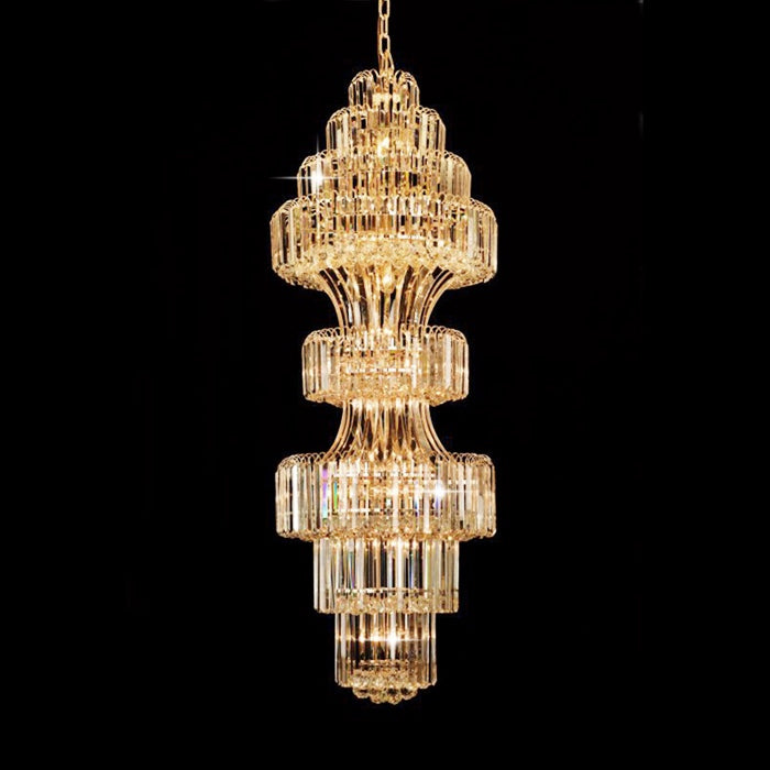 A luxurious gold chandelier with clear crystals, featuring a tiered design nz