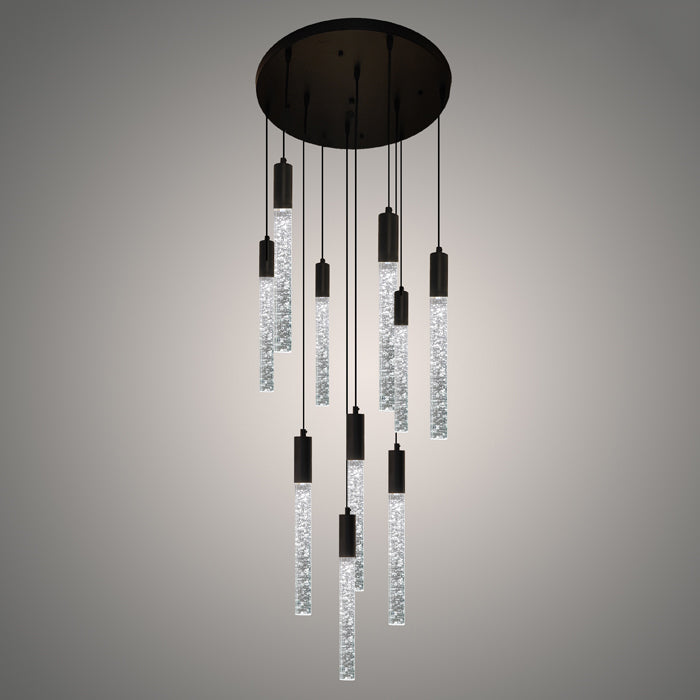 A modern black LED pendant light with multiple hanging crystals  nz