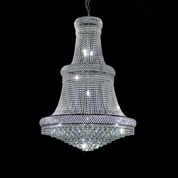 A modern chrome chandelier with clear crystals, featuring a empire chandelier design auckland
