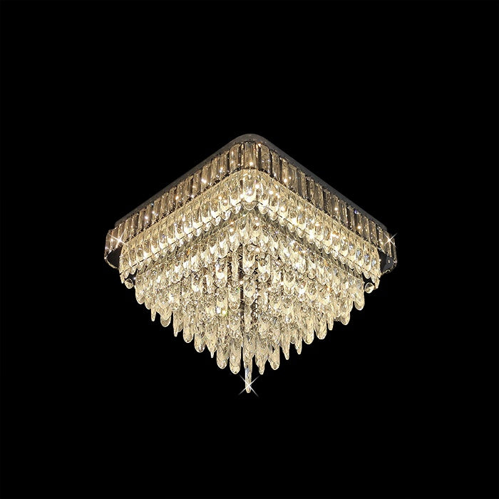 A modern chrome metal LED ceiling chandelier with clear crystals square shape auckland