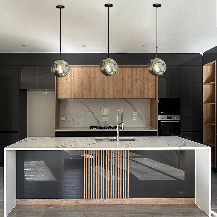 Modern kitchen with smoke glass pendant lights auckland