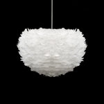 A modern pendant light featuring a white feathered shade for office receprion area NZ