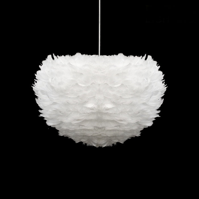 A modern pendant light featuring a white feathered shade for office receprion area NZ