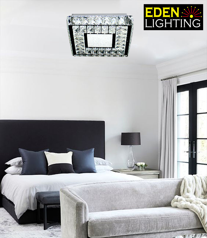 A modern square ceiling light fixture with chrome finish and clear crystals nz