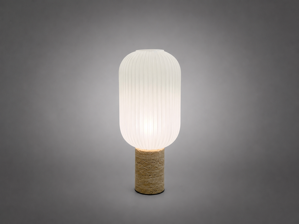 Table lamp with ribbed glass shade and textured base 