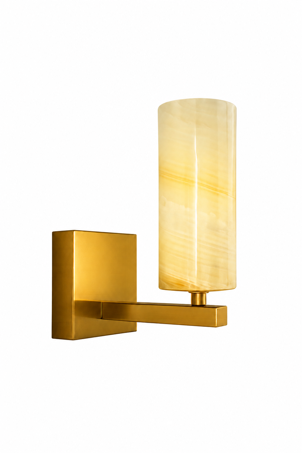 A modern wall sconce with a square gold-finished metal wall mount and horizontal arm, paired with a tall cylindrical warm yellow translucent glass shade, shown against a plain white background.