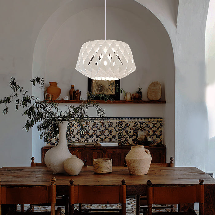 Dining room with a modern wooden pendant light west auckland