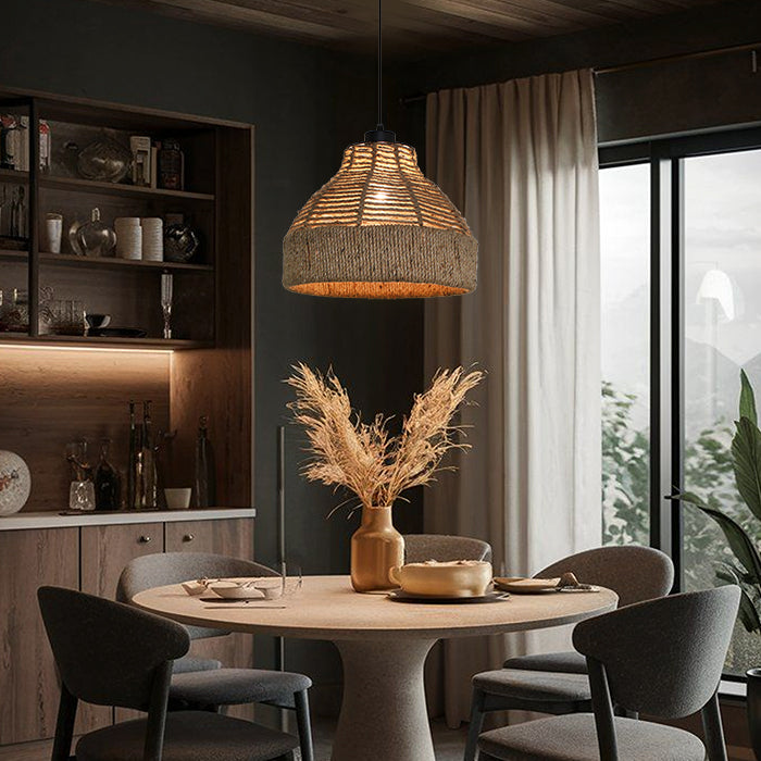 woven pendant light over a round table in dining area NZ
