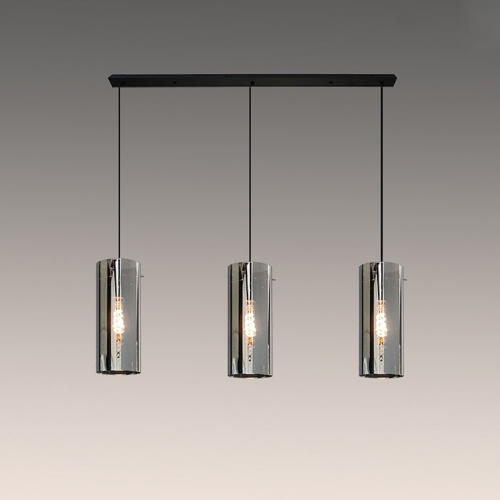 A contemporary pendant light with three cylindrical glass shades west auckland