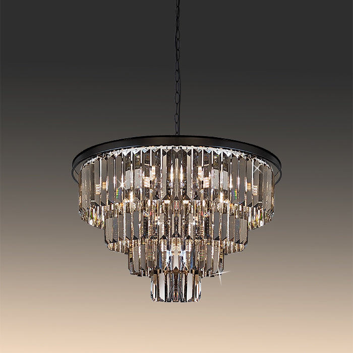 A modern black pendant light with smoke crystals in an inverted cone design nz