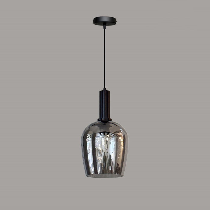 A pendant light with a smoke glass shade and black top west auckland