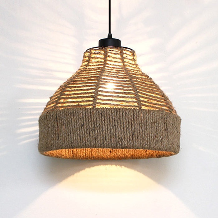 A round pendant lamp with a brown metal frame and natural rope shades NZ