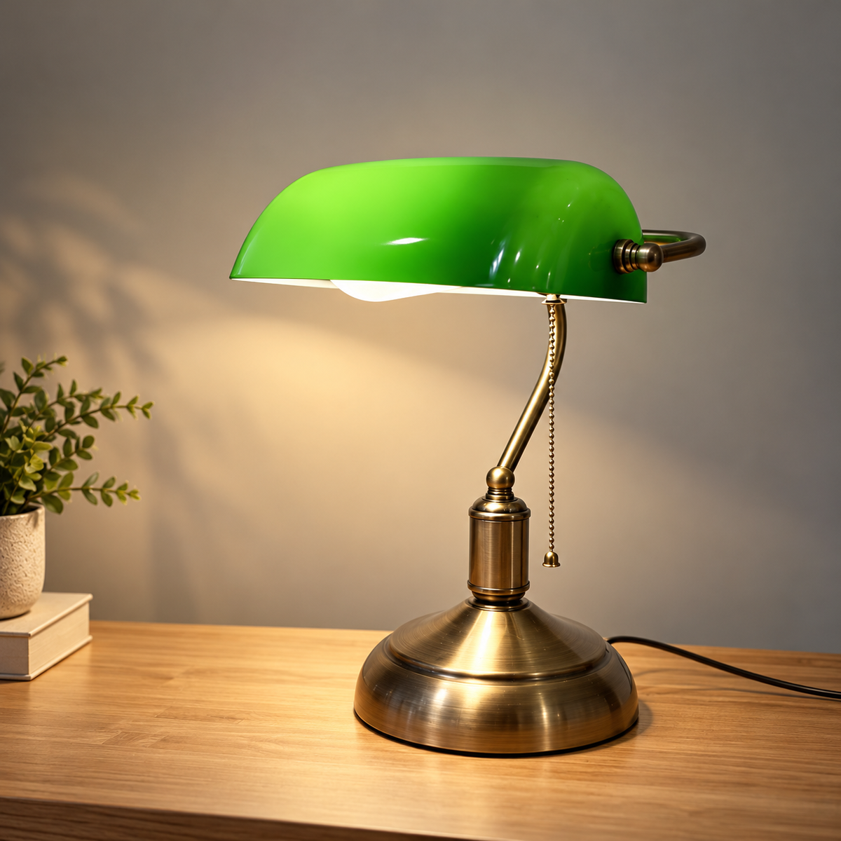 Antique brass finish green glass table lamp T3085