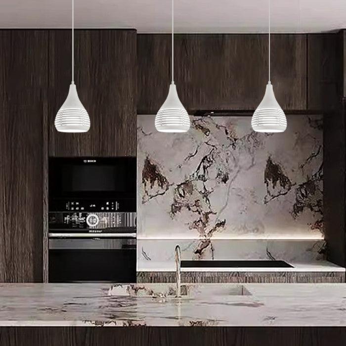 Modern kitchen with marble backsplash, pendant lights auckland