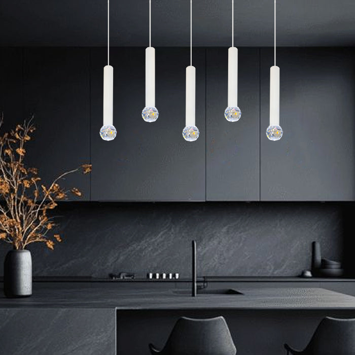 Modern kitchen with white crystal pendant lights NZ