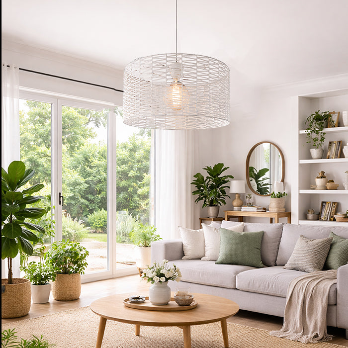 white rattan pendant light for family living area west Auckland