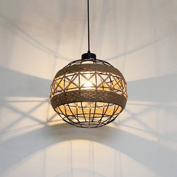 A round pendant lamp with a black metal frame and woven hemp rope nz