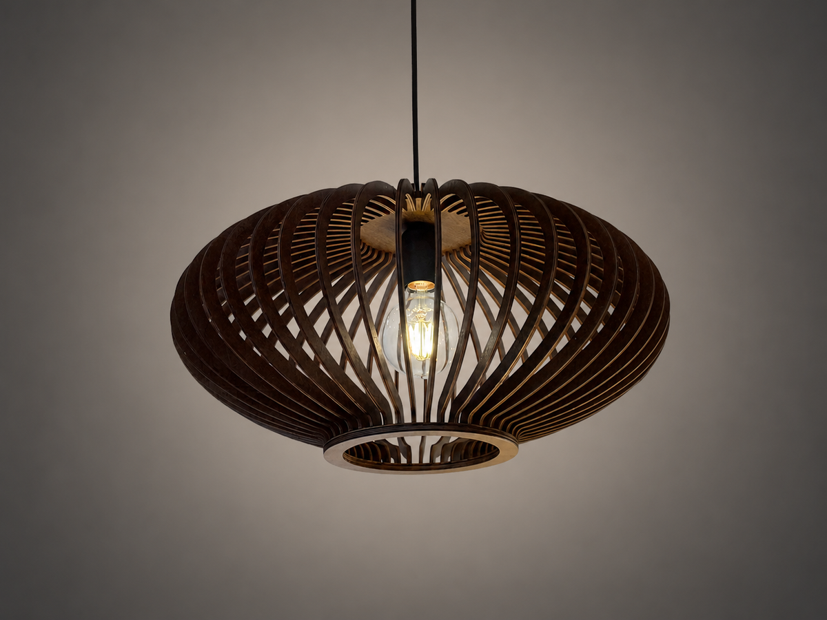 A modern pendant light fixture with a dark brown woven slatted shade and a glowing light bulb, suspended against a neutral gray background.