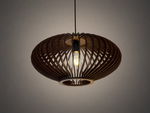 A modern pendant light fixture with a dark brown woven slatted shade and a glowing light bulb, suspended against a neutral gray background.