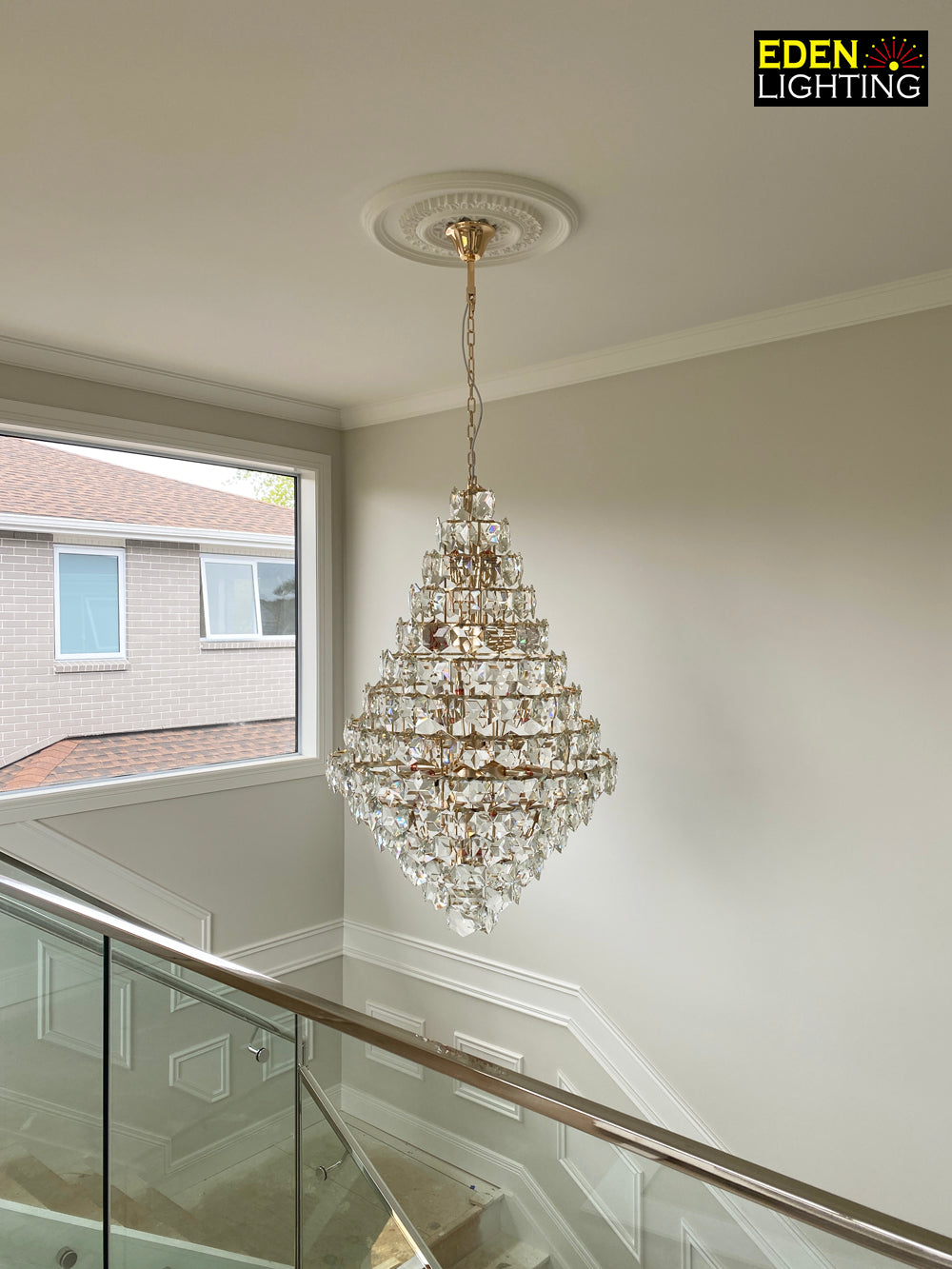 crystals pendant light in staircase setting - eden lighting NZ