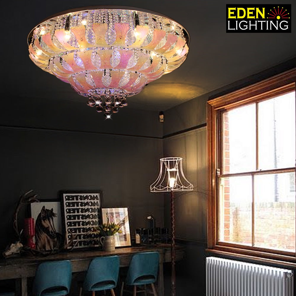 A colorful chrome ceiling light with a round base, featuring clear crystals and multicolored glass nz